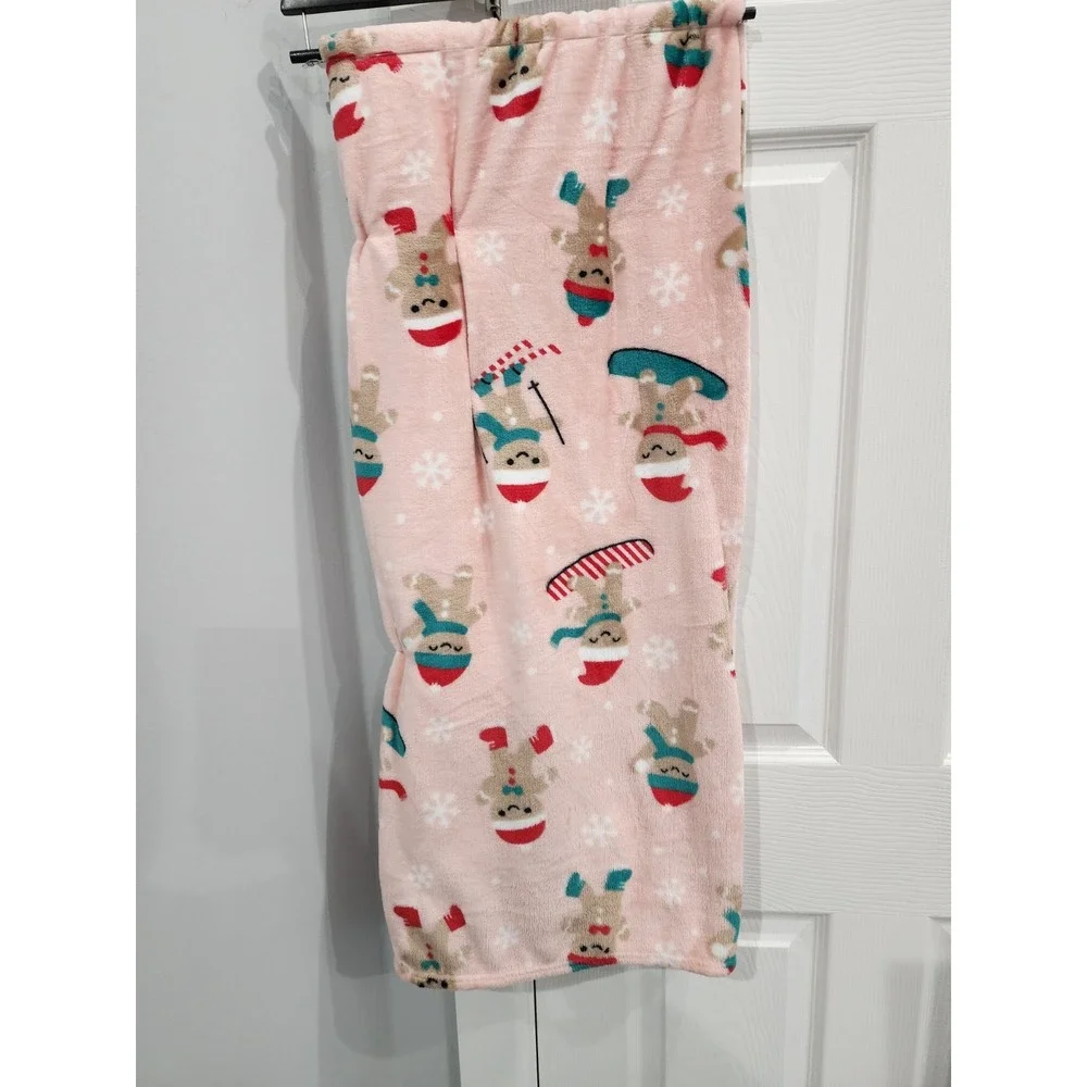 Holiday Pink Gingerbread Man Skiing Throw Blanket Plush Pastel Candy Land